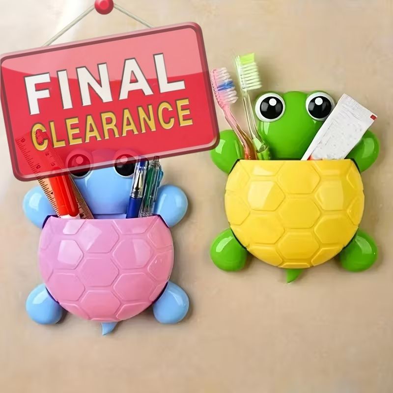 【Final Clearance】1Pcs Cute Turtle Design Toothbrush Holder - Plastic Wall Mount Bathroom Organizer with Suction Cup - Cartoon Storage Rack for Toothbrush & Toothpaste - No Electricity Needed