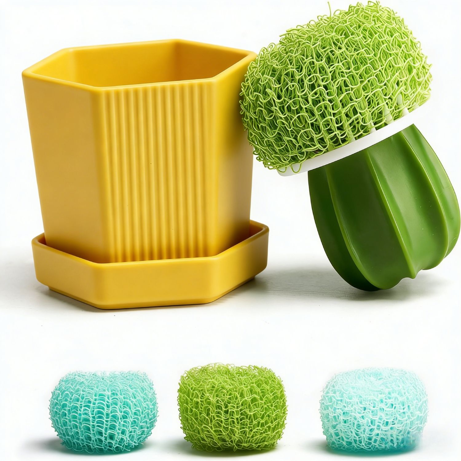 【Clearance Sale】Dish Scrub Brush, Ergonomic Grip Brush Dish Scrubber with Flowerpot Shape Draining Holder, Kitchen Cleaning Scrub Brushes for Scrubbing and Washing Dishes