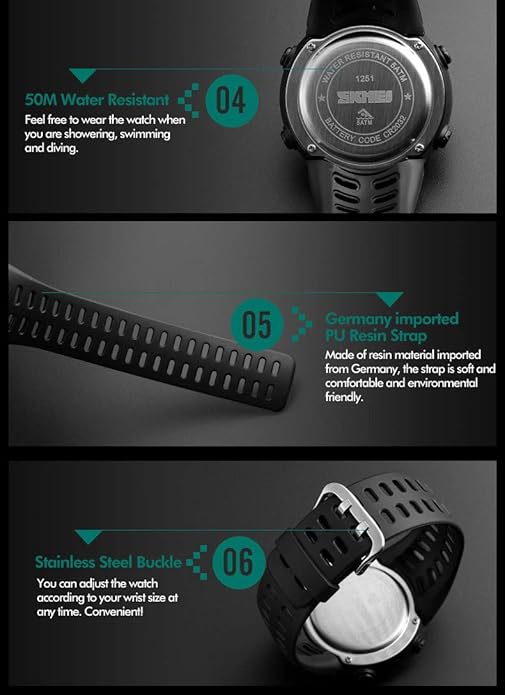 Mens Digital LED Sports Watch Military Multifunction 12H/24H Time Dual Time Alarm Countdown Back Light with Simple Design 164FT 50M Water Resistant Calendar Month Date Day Watch