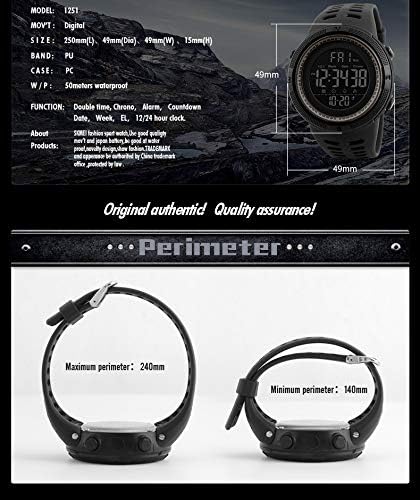 Mens Digital LED Sports Watch Military Multifunction 12H/24H Time Dual Time Alarm Countdown Back Light with Simple Design 164FT 50M Water Resistant Calendar Month Date Day Watch