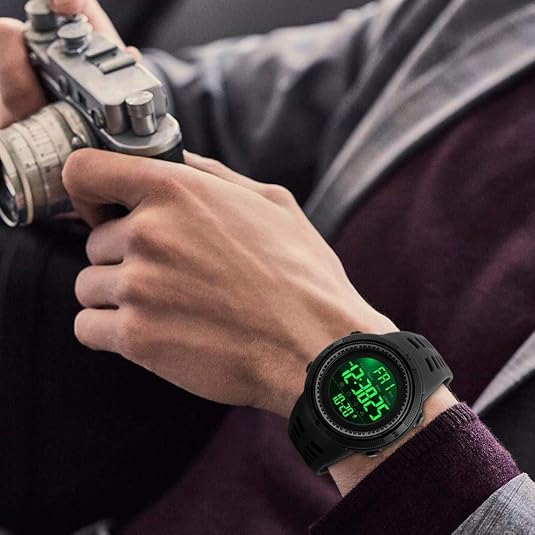 Mens Digital LED Sports Watch Military Multifunction 12H/24H Time Dual Time Alarm Countdown Back Light with Simple Design 164FT 50M Water Resistant Calendar Month Date Day Watch