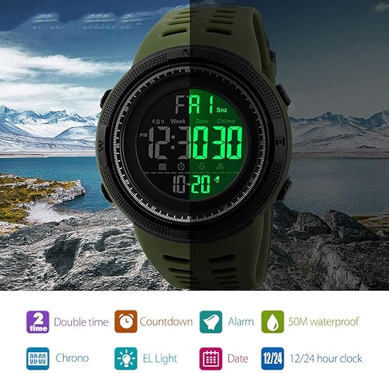 Mens Digital LED Sports Watch Military Multifunction 12H/24H Time Dual Time Alarm Countdown Back Light with Simple Design 164FT 50M Water Resistant Calendar Month Date Day Watch