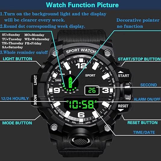 Sport Watch Digital Waterproof Watches Sport Military Tactical Analogue Watch Outdoor Electronic Ladies Wrist Watch LED Luminous Alarm Stopwatch Calendar Week Watches