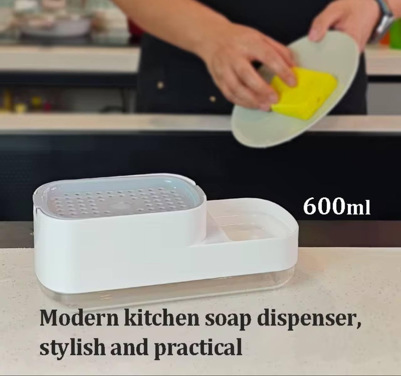 Dish Soap Dispenser with 1 Sponge,Soap Pump Dispenser with Sponge Holder and Tray, 3 in 1 Countertop Hand Pump Detergent Soap Dispenser for Kitchen Sink Organizer
