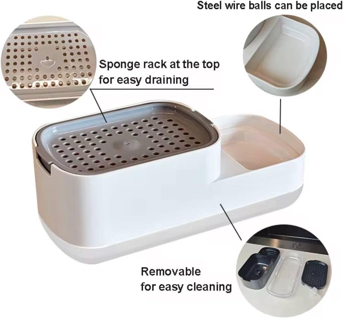 Dish Soap Dispenser with 1 Sponge,Soap Pump Dispenser with Sponge Holder and Tray, 3 in 1 Countertop Hand Pump Detergent Soap Dispenser for Kitchen Sink Organizer