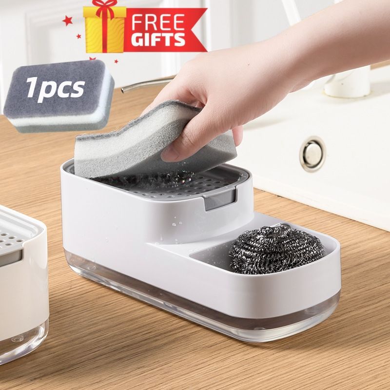 Dish Soap Dispenser with 1 Sponge,Soap Pump Dispenser with Sponge Holder and Tray, 3 in 1 Countertop Hand Pump Detergent Soap Dispenser for Kitchen Sink Organizer