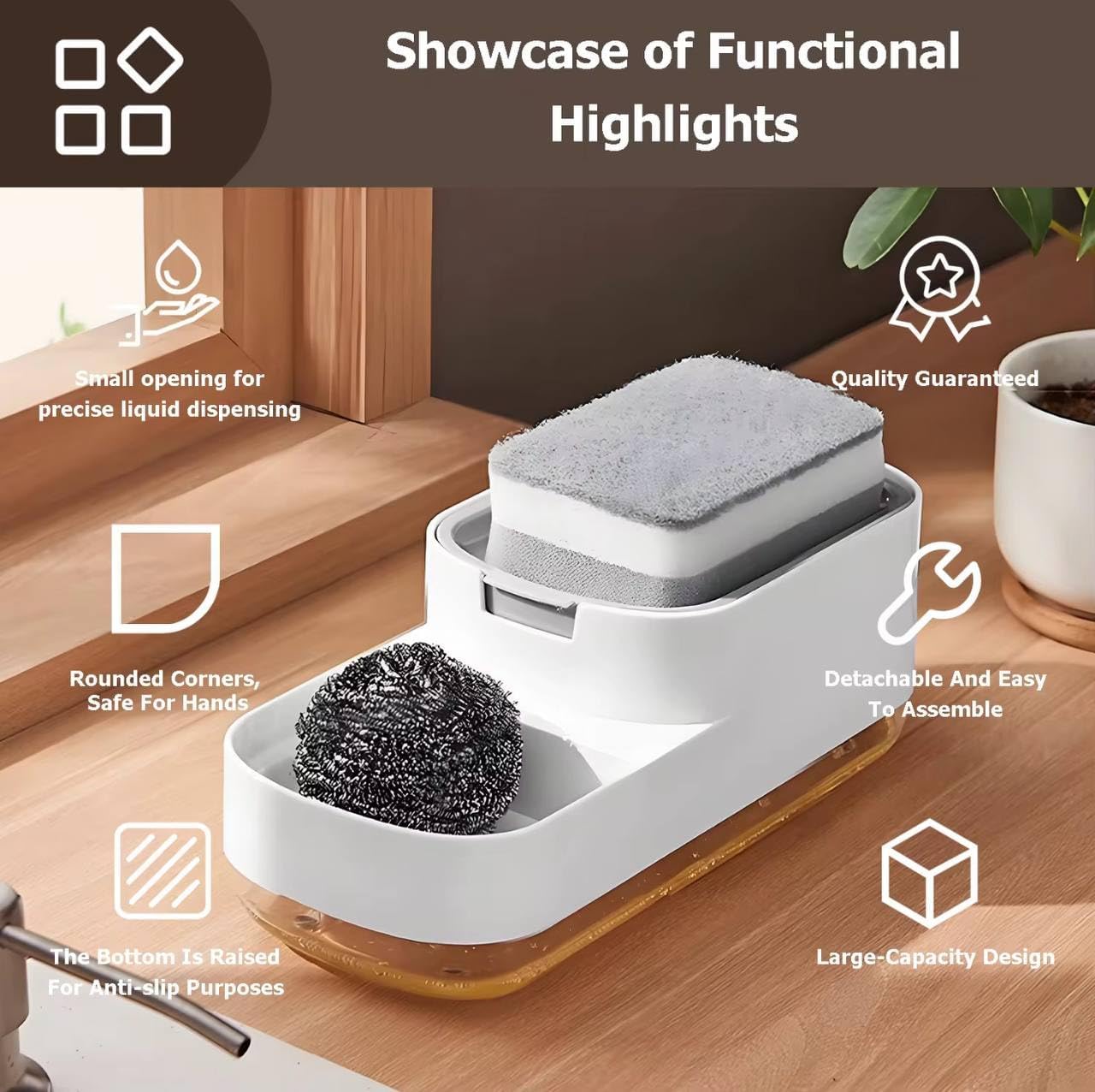 Dish Soap Dispenser with 1 Sponge,Soap Pump Dispenser with Sponge Holder and Tray, 3 in 1 Countertop Hand Pump Detergent Soap Dispenser for Kitchen Sink Organizer