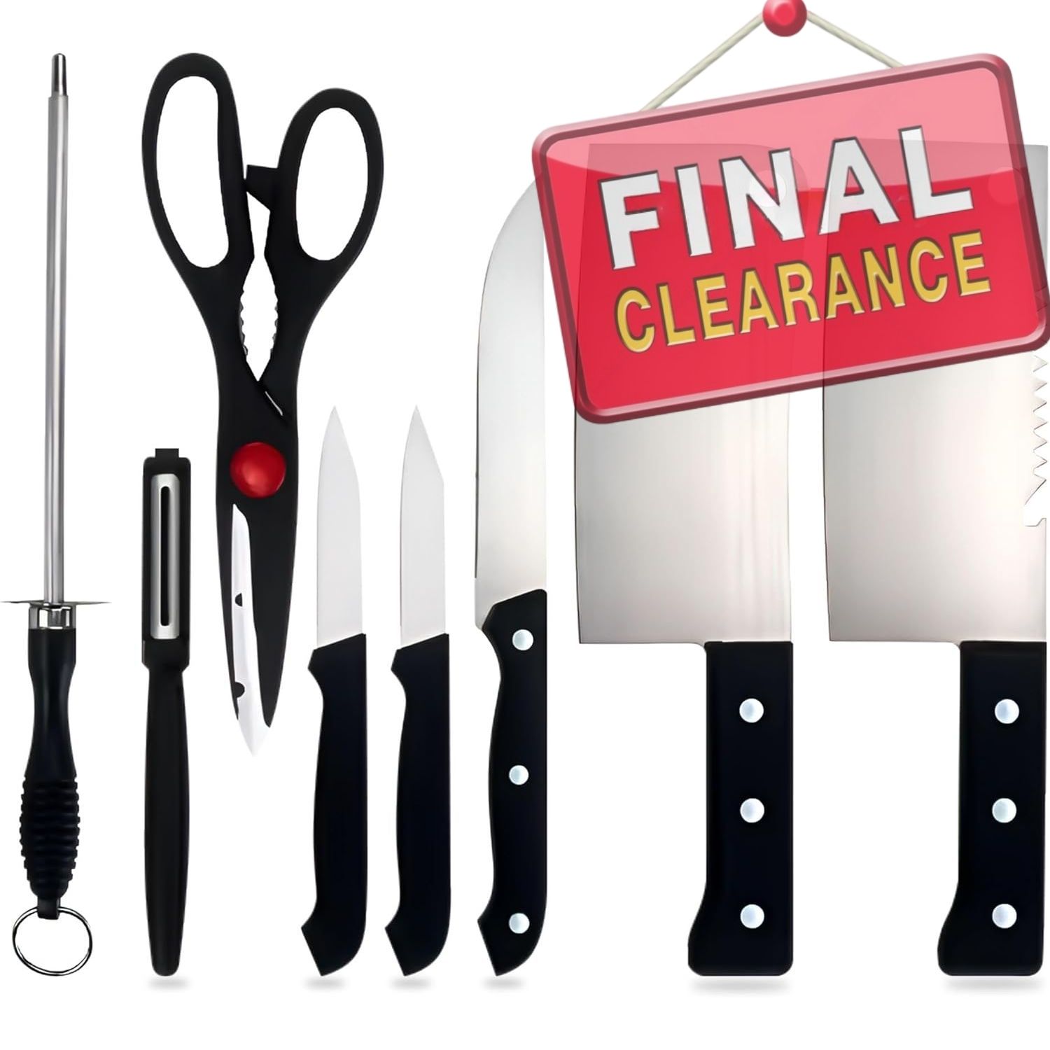 【Final Clearance】8 Piece Heavy Duty Knife Set Chef Bread Vegetable Meat Bone Slicing Mince Chopping Cutting Utility All in One Sharpener Kitchen Essentials Scissors Rust-resistant Stainless Steel