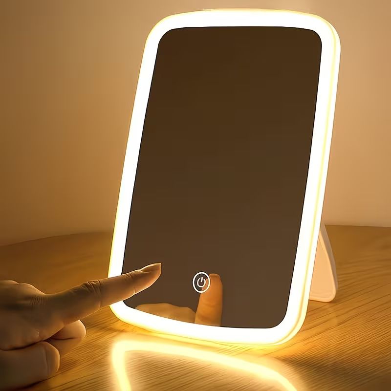 LED Makeup Mirror with Touch Sensor, Pocket Mirror, Travel Vanity Mirror in 3 Lighting Modes - White, Daylight and Warm Light, Adjustable Brightness, Portable Folding Desktop Cosmetic Mirror with USB