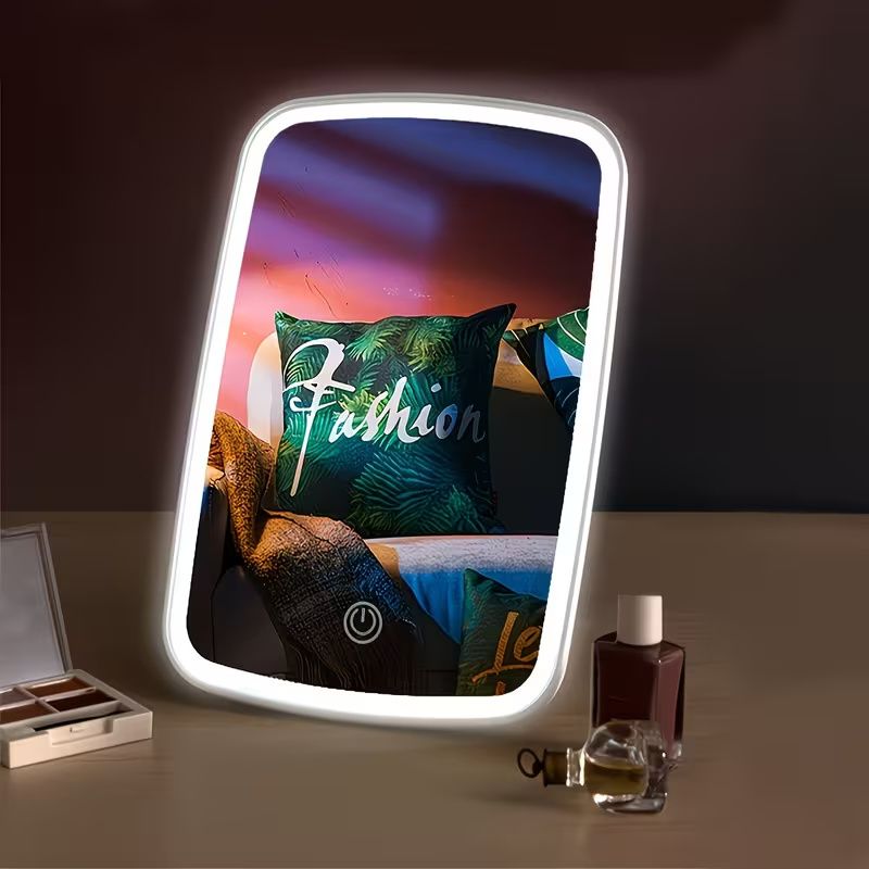 LED Makeup Mirror with Touch Sensor, Pocket Mirror, Travel Vanity Mirror in 3 Lighting Modes - White, Daylight and Warm Light, Adjustable Brightness, Portable Folding Desktop Cosmetic Mirror with USB
