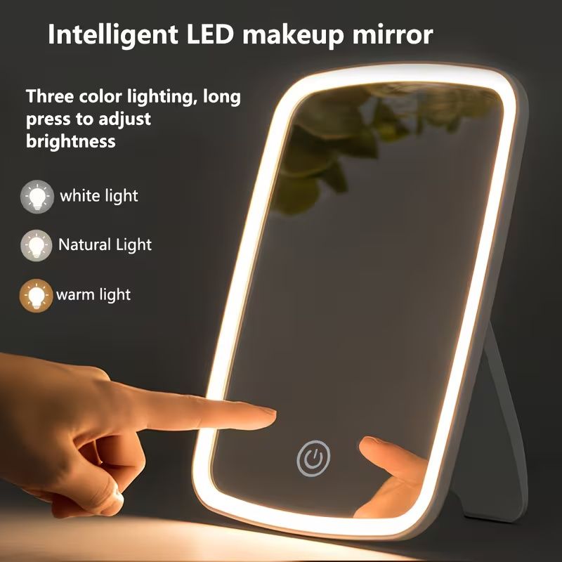 LED Makeup Mirror with Touch Sensor, Pocket Mirror, Travel Vanity Mirror in 3 Lighting Modes - White, Daylight and Warm Light, Adjustable Brightness, Portable Folding Desktop Cosmetic Mirror with USB