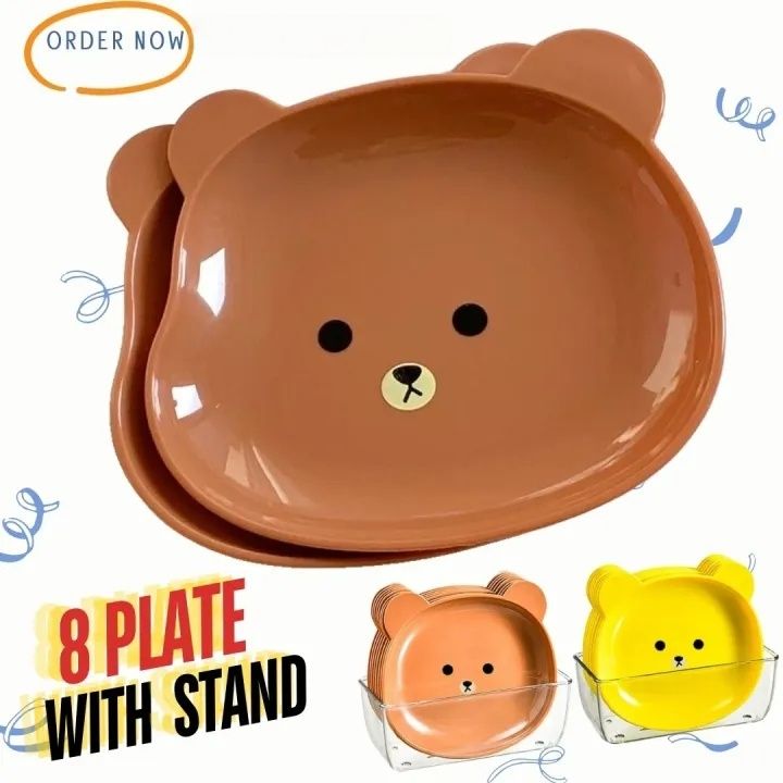 Food Grade 8Pcs Plate with Stand Cartoon Bear Shape Reusable Plastic Plate Multi-function Creative Spit Bone Dish Household Dish Elliptical Plate Set Dining Table Garbage Platel
