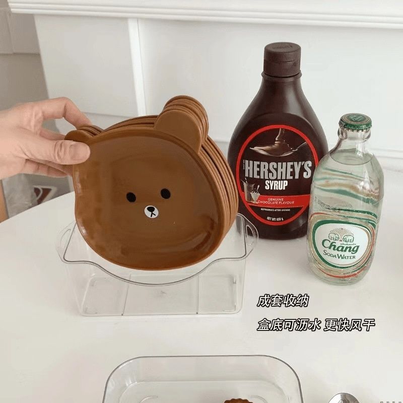 Food Grade 8Pcs Plate with Stand Cartoon Bear Shape Reusable Plastic Plate Multi-function Creative Spit Bone Dish Household Dish Elliptical Plate Set Dining Table Garbage Platel