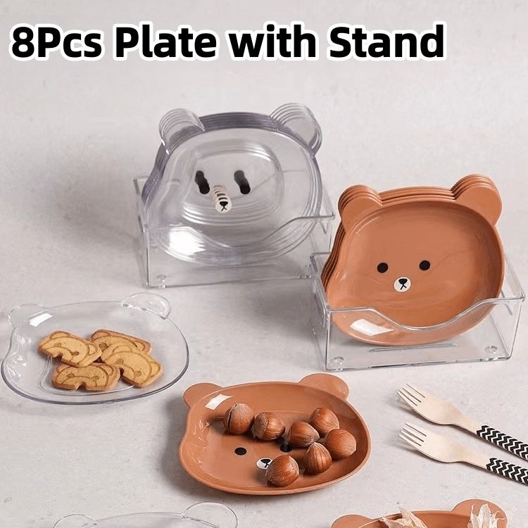 Food Grade 8Pcs Plate with Stand Cartoon Bear Shape Reusable Plastic Plate Multi-function Creative Spit Bone Dish Household Dish Elliptical Plate Set Dining Table Garbage Platel