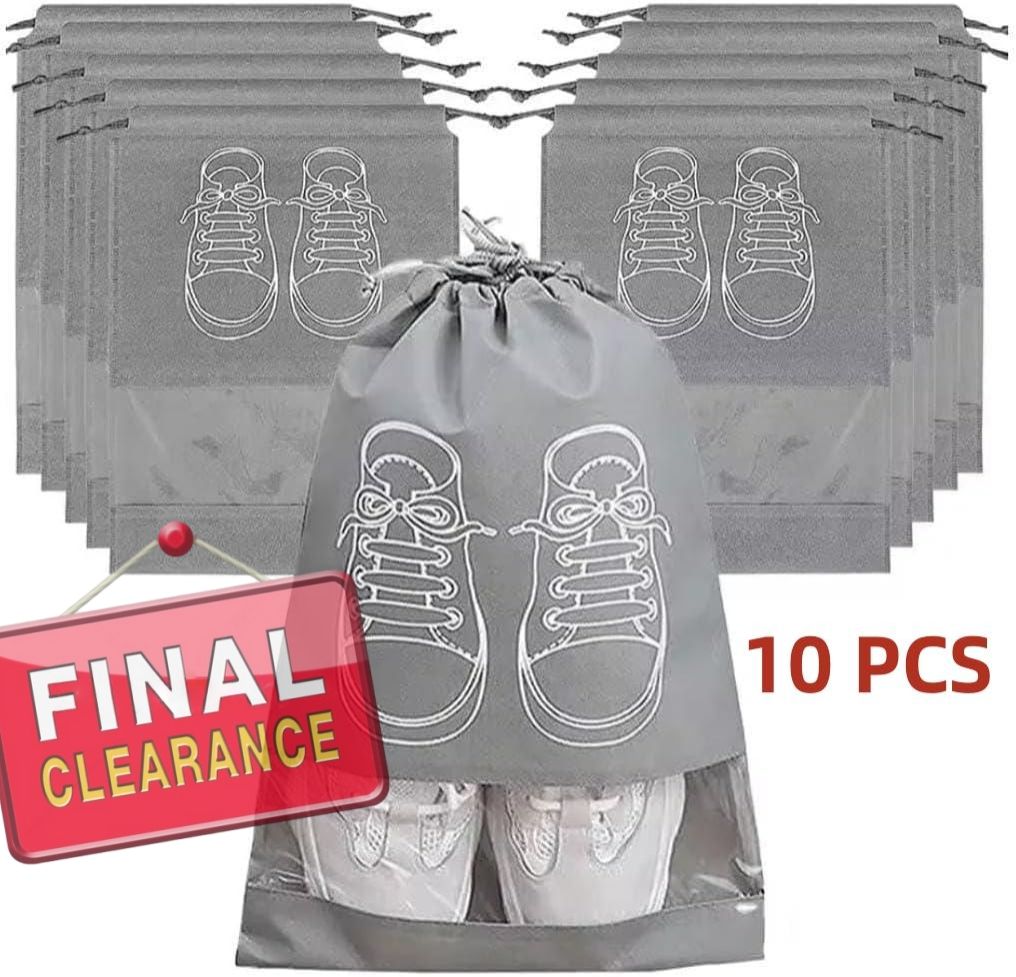 【Clearance Sale】Shoe Bags for Travel – 10 Pack Waterproof Drawstring Shoe Organizer with Clear Window – Dustproof, Reusable Storage Pouches for Men & Women – Black or Grey
