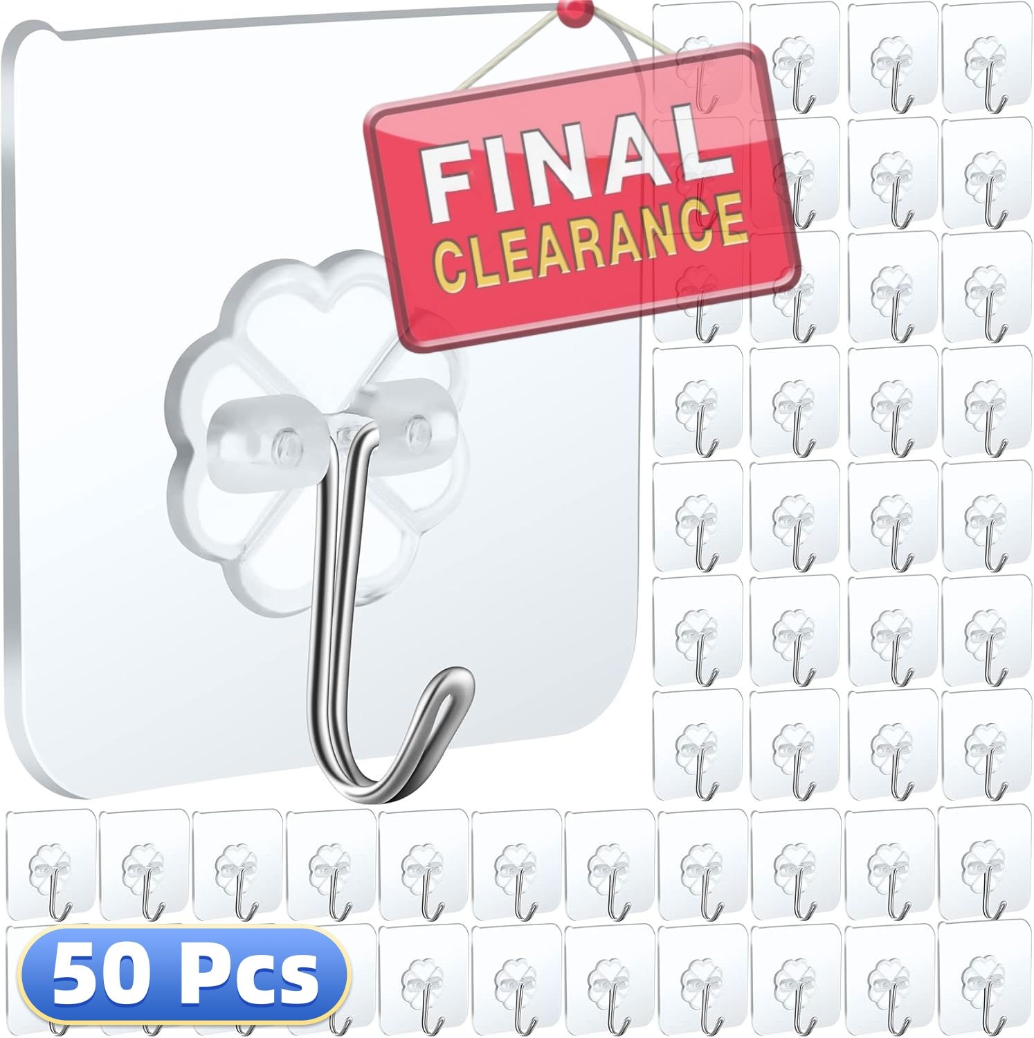 【Clearance Sale】50 Packs Adhesive Hooks, Heavy Duty 22lb(Max) Wall Hooks for Hanging Key Cup Hat Coat Holder, Transparent Waterproof Sticky Hooks Wall Hangers for Kitchen Bathroom