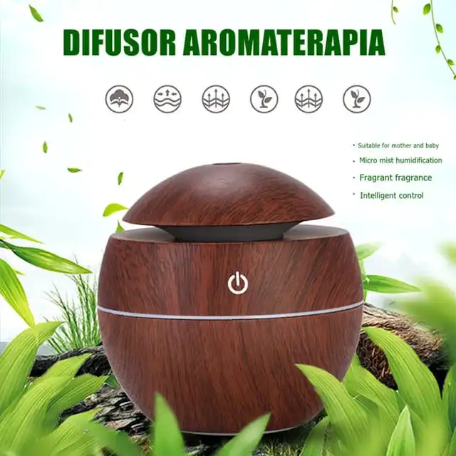 130ml Ultrasonic Air Humidifier – Wood Grain Aromatherapy Diffuser with LED Light, USB Powered, 5-Hour Runtime – Ideal for Home Office & Remote Work Focus