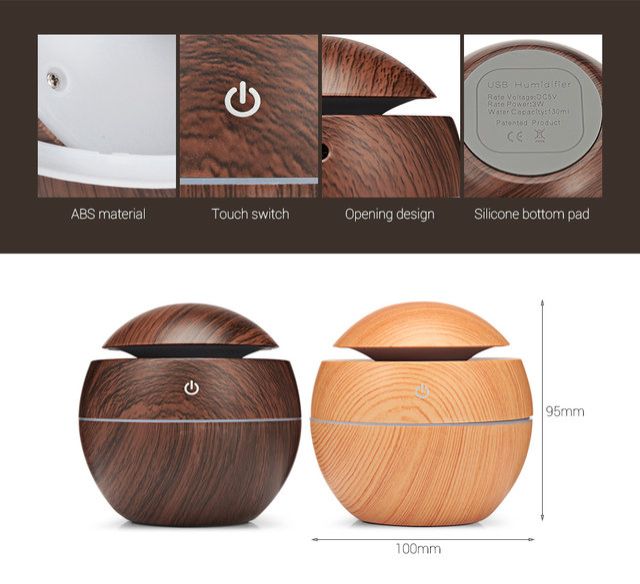 130ml Ultrasonic Air Humidifier – Wood Grain Aromatherapy Diffuser with LED Light, USB Powered, 5-Hour Runtime – Ideal for Home Office & Remote Work Focus