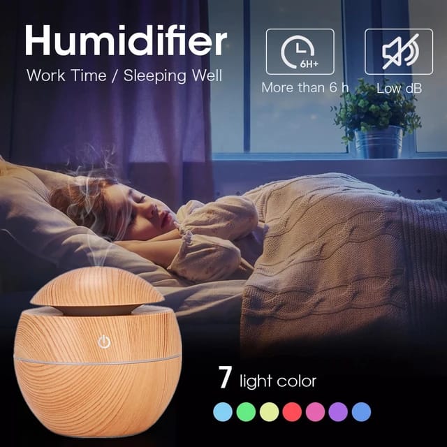 130ml Ultrasonic Air Humidifier – Wood Grain Aromatherapy Diffuser with LED Light, USB Powered, 5-Hour Runtime – Ideal for Home Office & Remote Work Focus