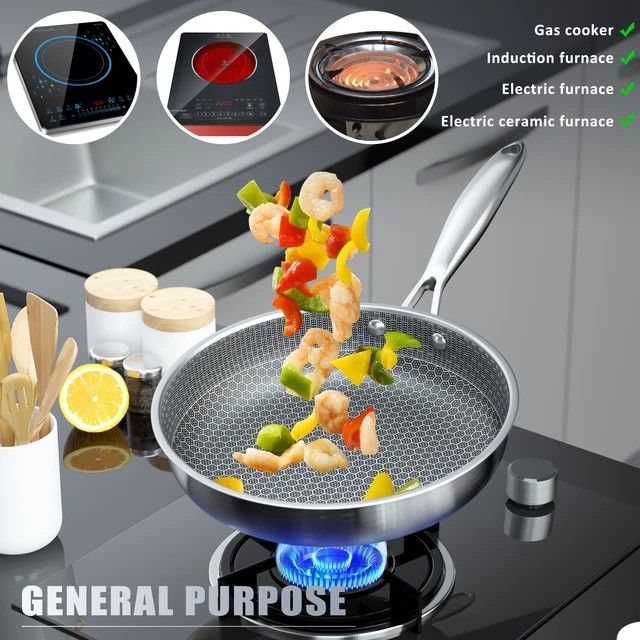 28cm Non-Stick Honeycomb Stainless Steel Frying Pan, 10 Inch Non-Stick Large Honeycomb Pan with Handle, Oven Safe, Non-Stick Coating, Induction, Cooking, Frying Pans