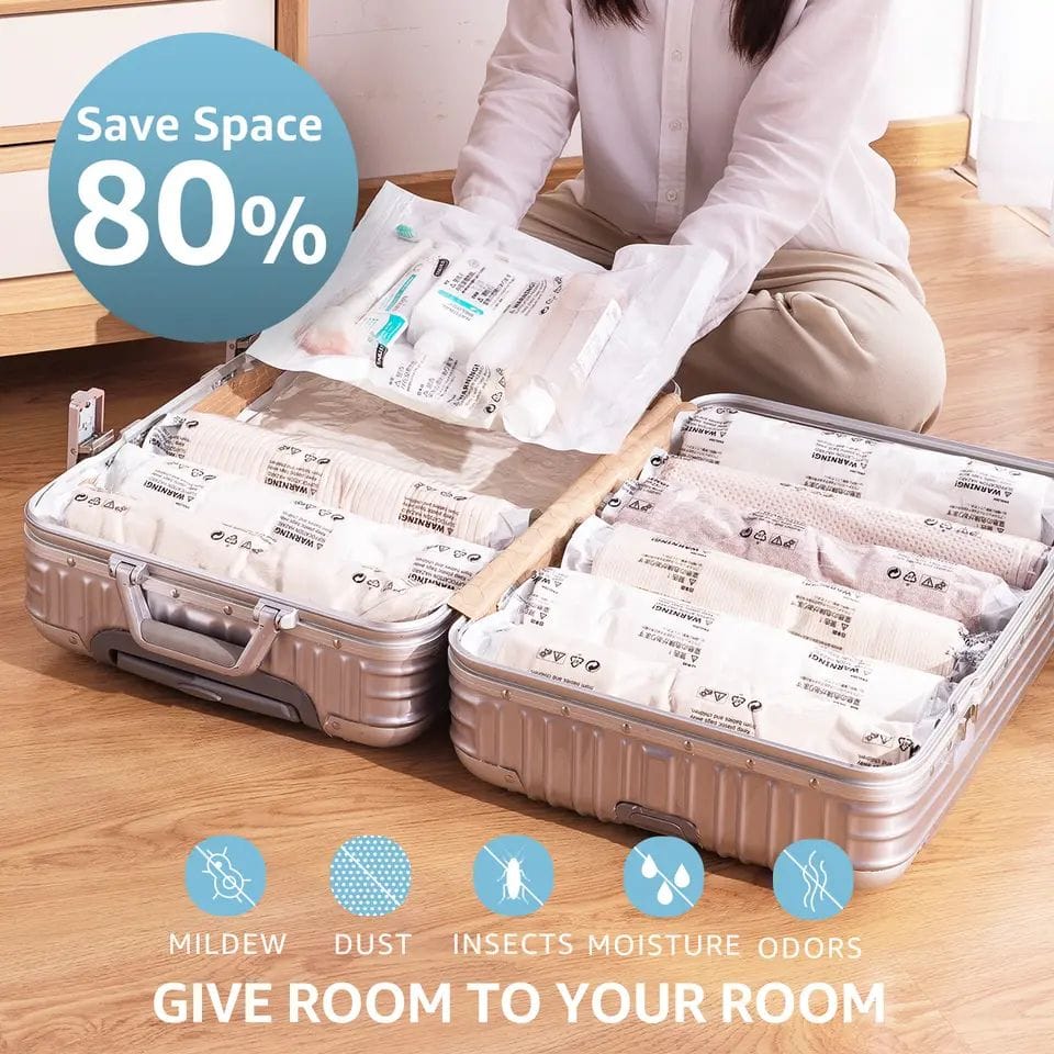 10PCS Travel Compression Storage Bags – Space Saver Roll-Up Vacuum Seal Bags for Clothes, Waterproof & Reusable Packing Organizer for Luggage, Wet & Dry Garments