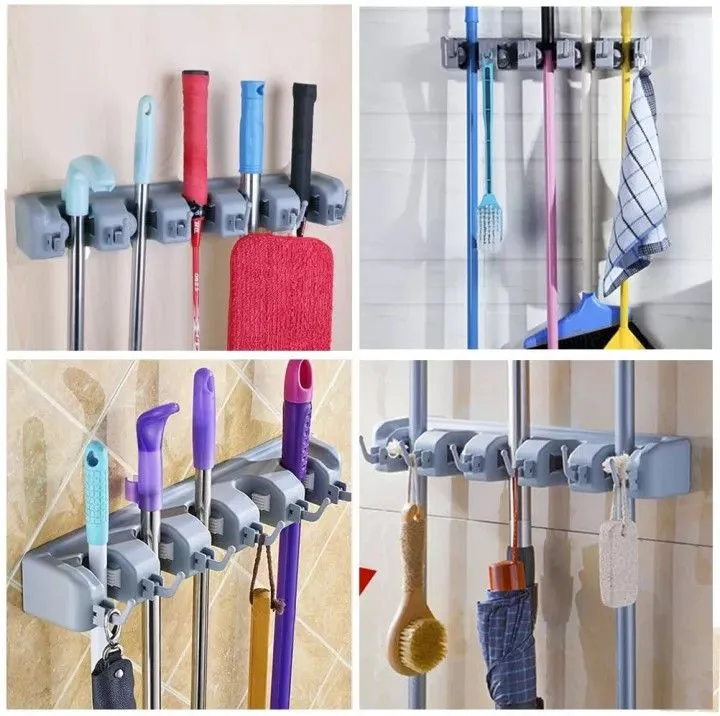 Wall-Mounted Broom & Mop Holder – 5 Slot & 6 Hook Organizer for Cleaning Tools – Heavy-Duty Storage Rack for Home, Kitchen, Bathroom, Office & Garage