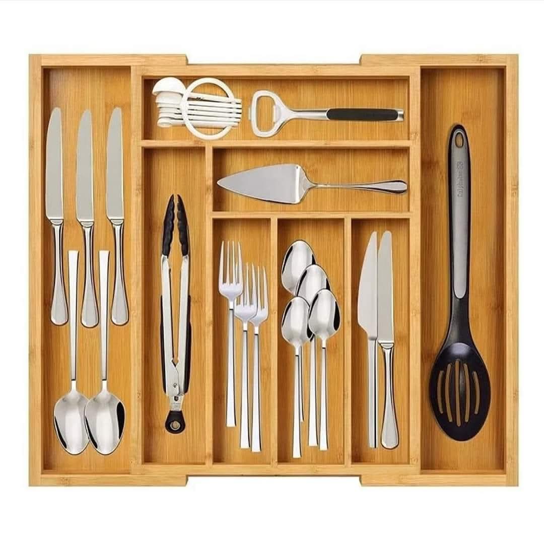 Multifunctional Large Bamboo Expandable Wooden Cutlery Drawer Organizer – Adjustable Flatware Tray for Kitchen Storage & Utensil Organization