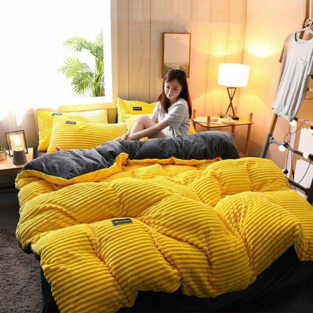 Yellow Velvet Woolen Duvet Blanket Set with 2 pillow cases and 1 bedsheet