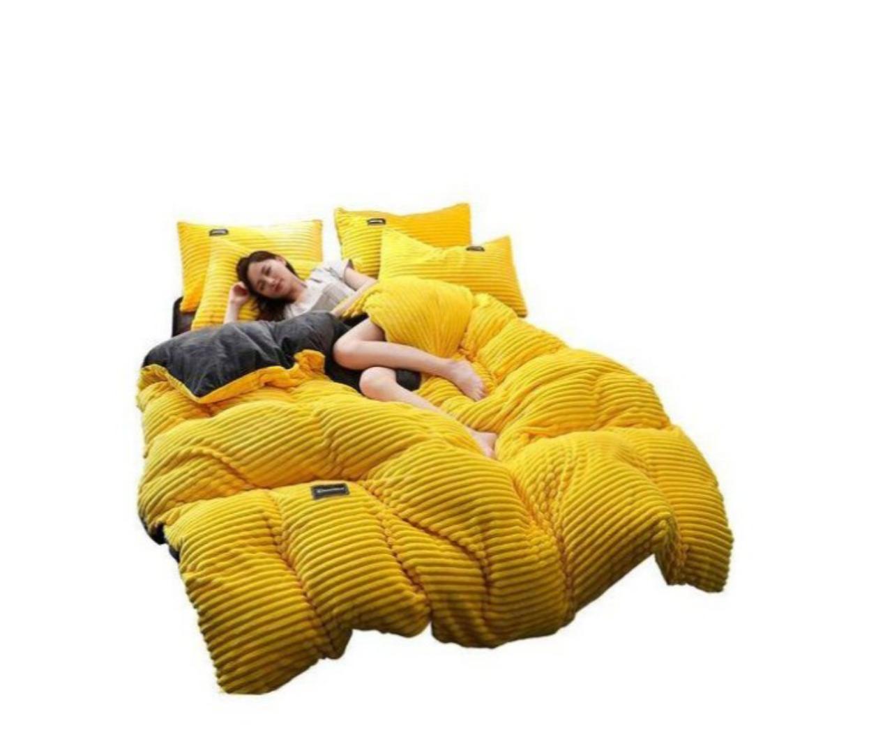 Yellow Velvet Woolen Duvet Blanket Set with 2 pillow cases and 1 bedsheet