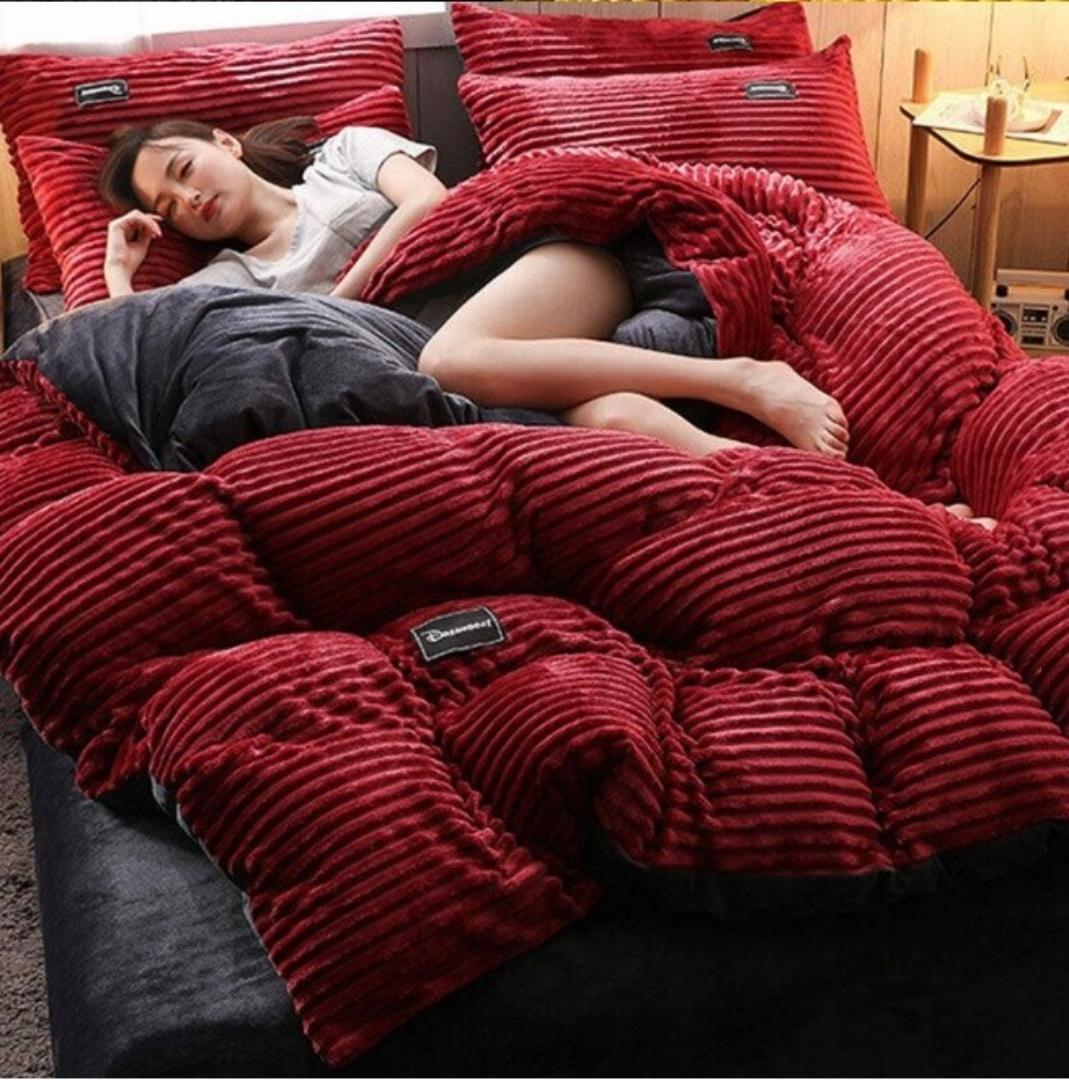 Maroon Velvet Woolen Duvet Blanket with 2 pillow cases and 1 bedsheet