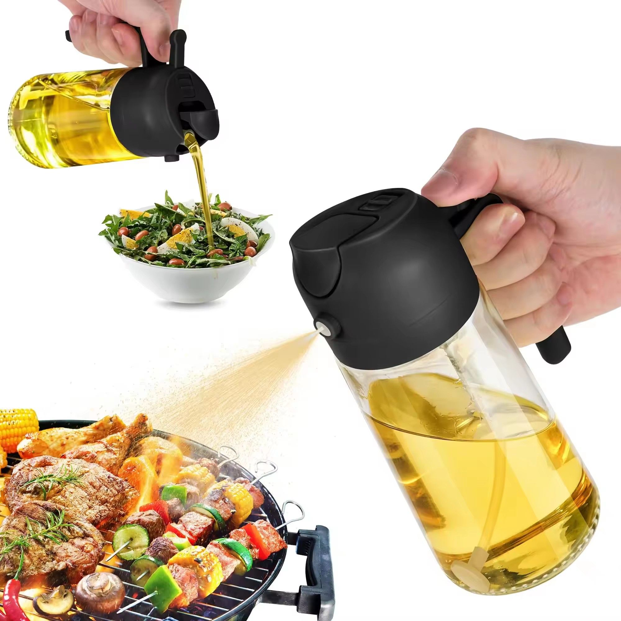 Cooking Kitchen Salad Barbecue 16oz/470ml 2 in 1 Oil Sprayer Bottle Olive Oil Dispenser Bottle for Kitchen and Air Fryer, Barbecue, Salad
