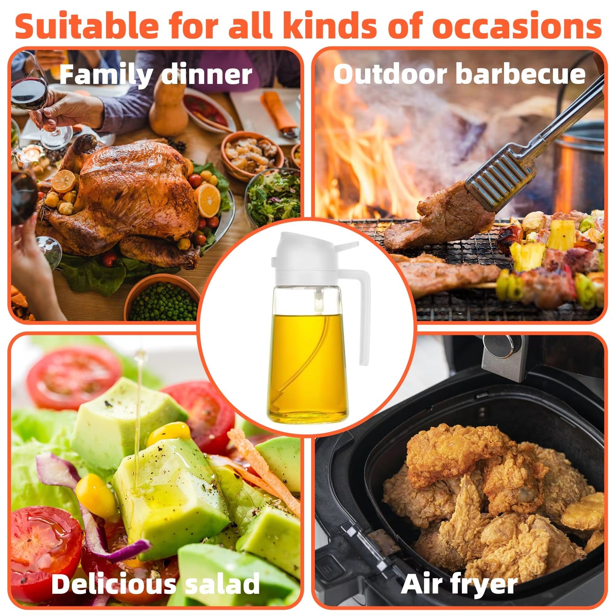 Cooking Kitchen Salad Barbecue 16oz/470ml 2 in 1 Oil Sprayer Bottle Olive Oil Dispenser Bottle for Kitchen and Air Fryer, Barbecue, Salad