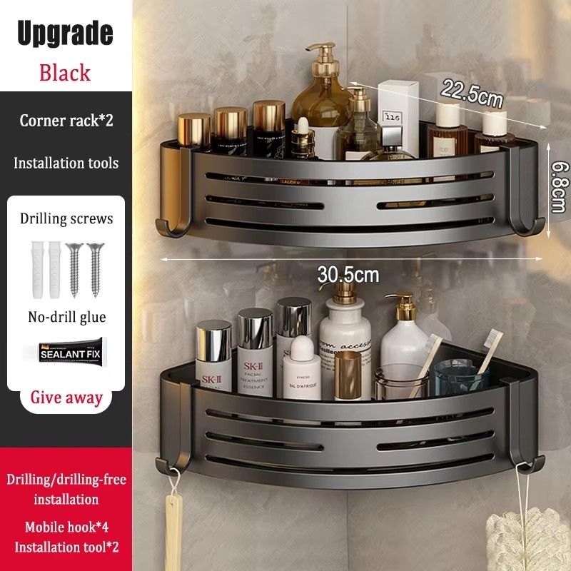 Bathroom Rack Rolling Dish Drainer Rack Wall Mount Corner Shelves Tripod Stand Grey Space Aluminum Triangle Basket Black Modern