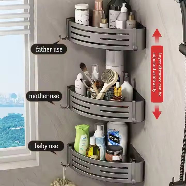 Bathroom Rack Rolling Dish Drainer Rack Wall Mount Corner Shelves Tripod Stand Grey Space Aluminum Triangle Basket Black Modern