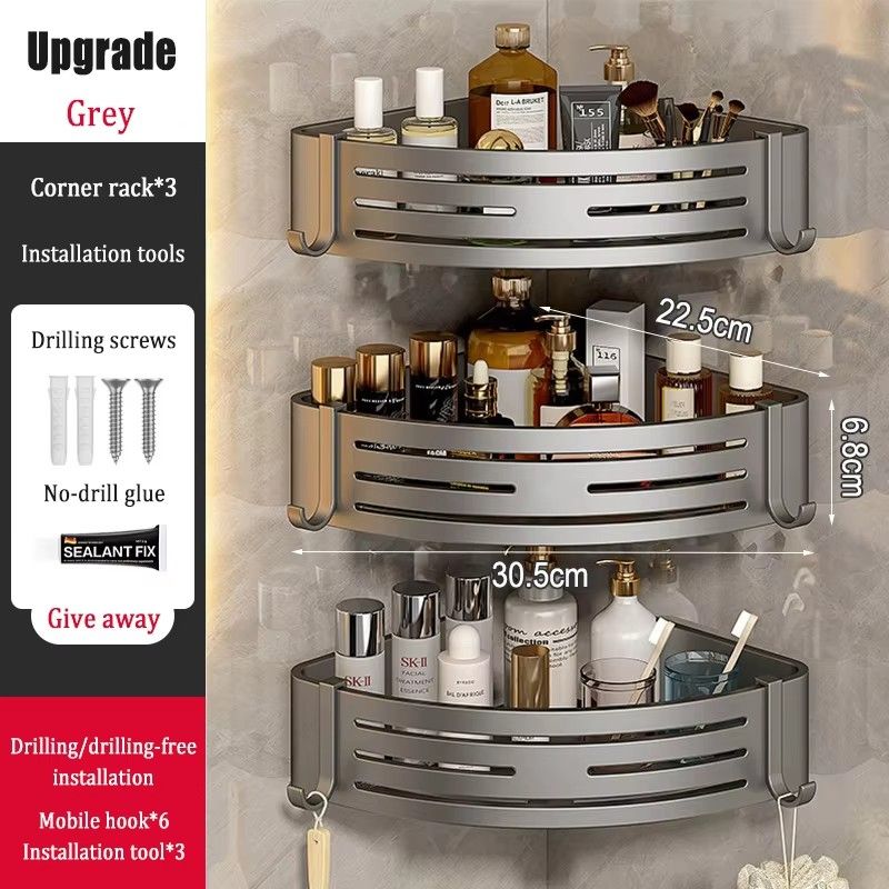 Bathroom Rack Rolling Dish Drainer Rack Wall Mount Corner Shelves Tripod Stand Grey Space Aluminum Triangle Basket Black Modern