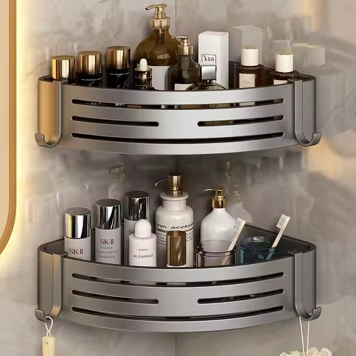 Bathroom Rack Rolling Dish Drainer Rack Wall Mount Corner Shelves Tripod Stand Grey Space Aluminum Triangle Basket Black Modern