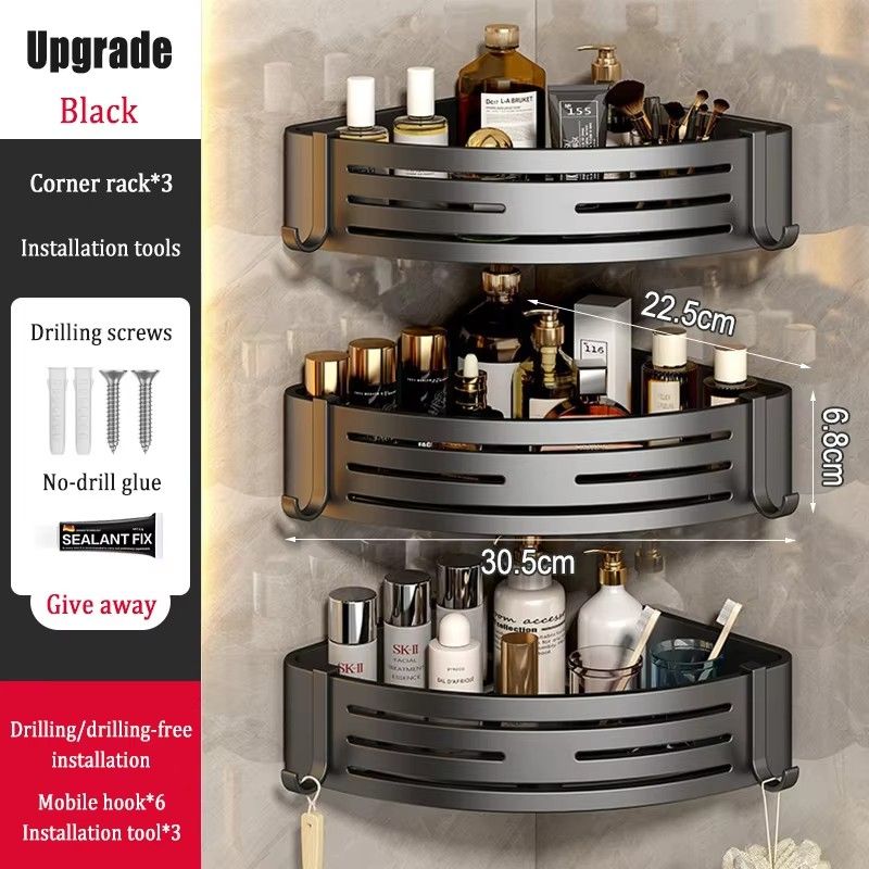Bathroom Rack Rolling Dish Drainer Rack Wall Mount Corner Shelves Tripod Stand Grey Space Aluminum Triangle Basket Black Modern