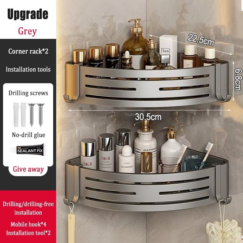 Bathroom Rack Rolling Dish Drainer Rack Wall Mount Corner Shelves Tripod Stand Grey Space Aluminum Triangle Basket Black Modern