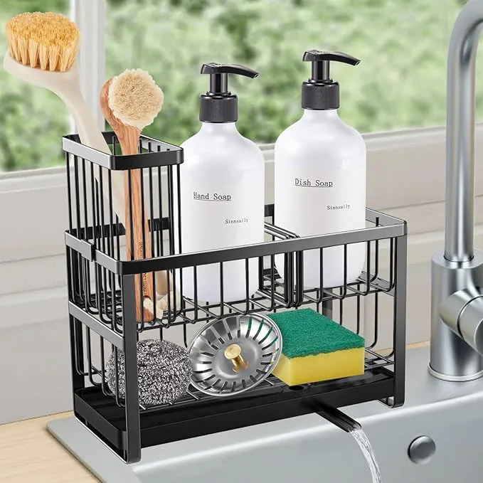 Sponge Holder for Kitchen Sink Organizer Caddy,2 Tier Dish Brush Scrubber Holder,Stainless Steel Sink Box Utensil Holder with Stand,Soap Dispenser Set Tray Counter Accessories & Storage Rack