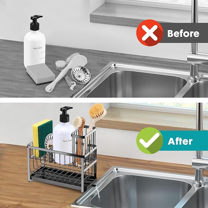 Sponge Holder for Kitchen Sink Organizer Caddy,2 Tier Dish Brush Scrubber Holder,Stainless Steel Sink Box Utensil Holder with Stand,Soap Dispenser Set Tray Counter Accessories & Storage Rack