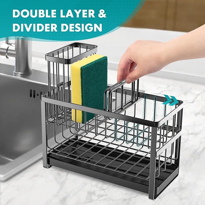 Sponge Holder for Kitchen Sink Organizer Caddy,2 Tier Dish Brush Scrubber Holder,Stainless Steel Sink Box Utensil Holder with Stand,Soap Dispenser Set Tray Counter Accessories & Storage Rack