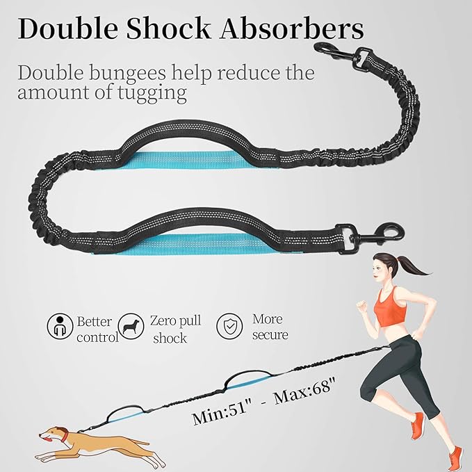 Hands Free Dog Leash with Zipper Pouch, Dual Padded Handles and Durable Bungee for Walking, Jogging and Running Your Dog,