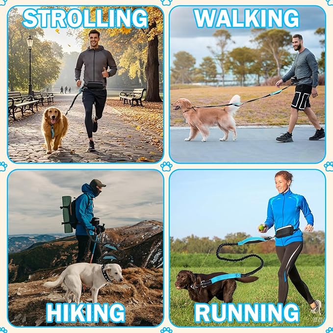 Hands Free Dog Leash with Zipper Pouch, Dual Padded Handles and Durable Bungee for Walking, Jogging and Running Your Dog,