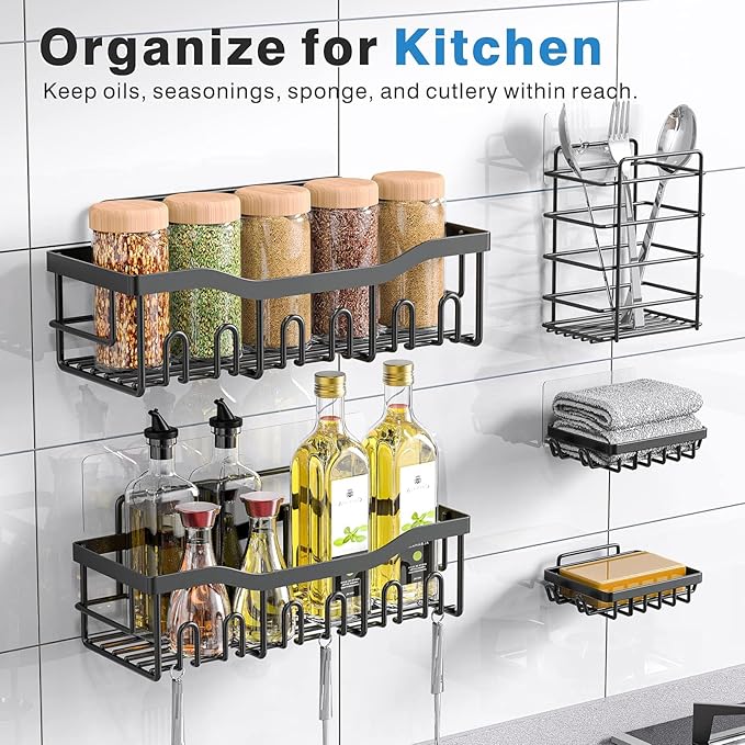 Adhesive Shower Caddy, 5 Pack Rustproof Stainless Steel Bath Organizers With Large Capacity, No Drilling Shelves for Bathroom Storage & Home Decor,Bathroom Shelves