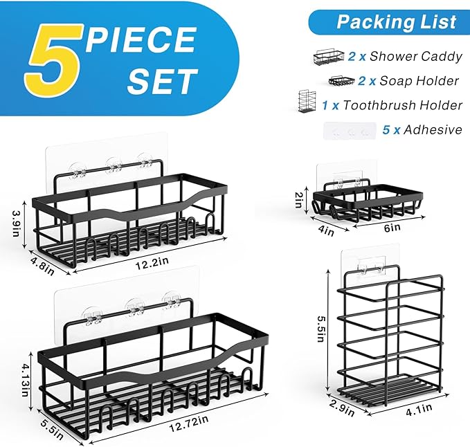 Adhesive Shower Caddy, 5 Pack Rustproof Stainless Steel Bath Organizers With Large Capacity, No Drilling Shelves for Bathroom Storage & Home Decor,Bathroom Shelves
