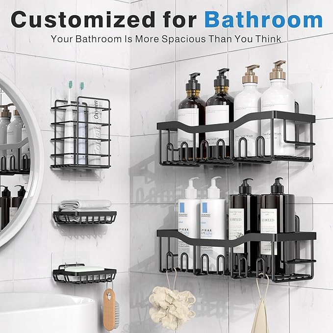 Adhesive Shower Caddy, 5 Pack Rustproof Stainless Steel Bath Organizers With Large Capacity, No Drilling Shelves for Bathroom Storage & Home Decor,Bathroom Shelves