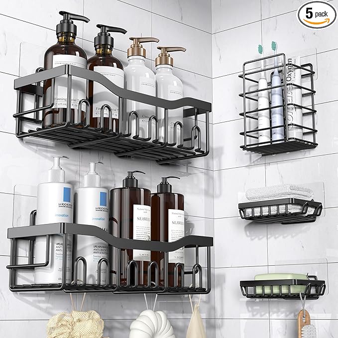 Adhesive Shower Caddy, 5 Pack Rustproof Stainless Steel Bath Organizers With Large Capacity, No Drilling Shelves for Bathroom Storage & Home Decor,Bathroom Shelves