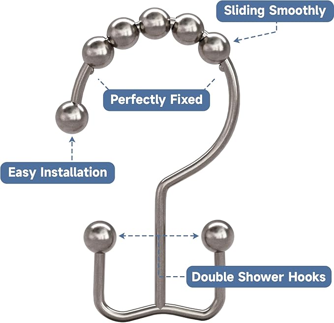 Black Shower Curtain Hooks Rings, Rust-Resistant Metal Double Glide Shower Hooks for Bathroom Shower Rods Curtains, Set of 12 Hooks,Shower Curtains, Hooks & Liners