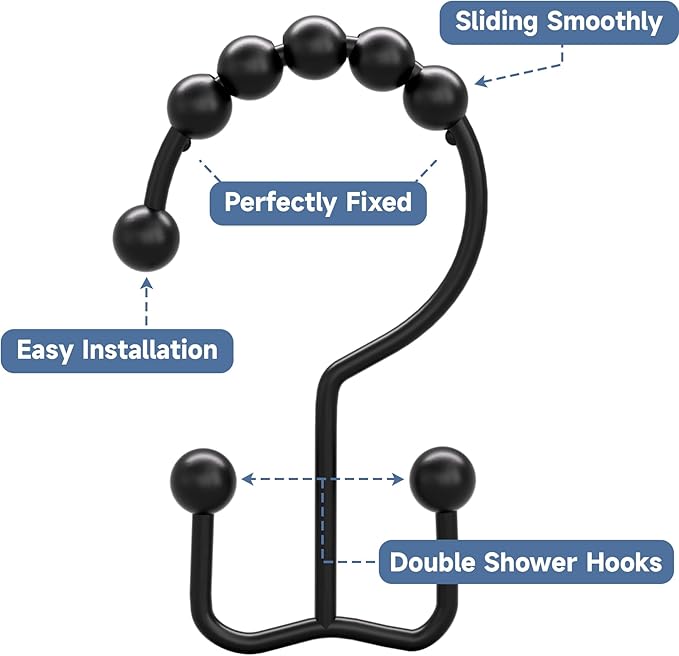 Black Shower Curtain Hooks Rings, Rust-Resistant Metal Double Glide Shower Hooks for Bathroom Shower Rods Curtains, Set of 12 Hooks,Shower Curtains, Hooks & Liners