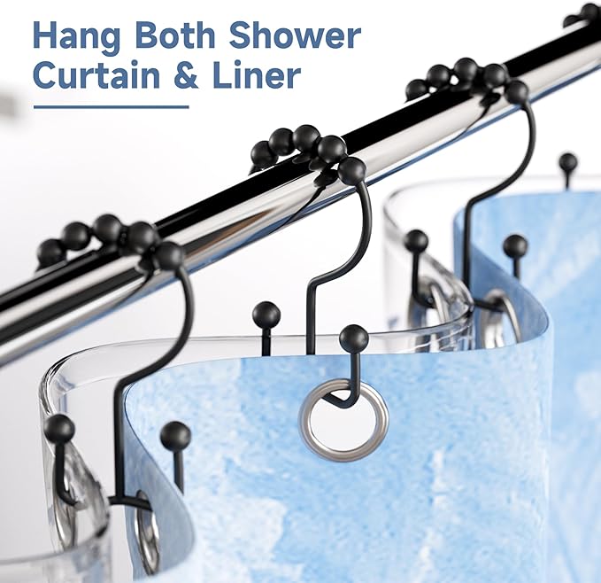 Black Shower Curtain Hooks Rings, Rust-Resistant Metal Double Glide Shower Hooks for Bathroom Shower Rods Curtains, Set of 12 Hooks,Shower Curtains, Hooks & Liners